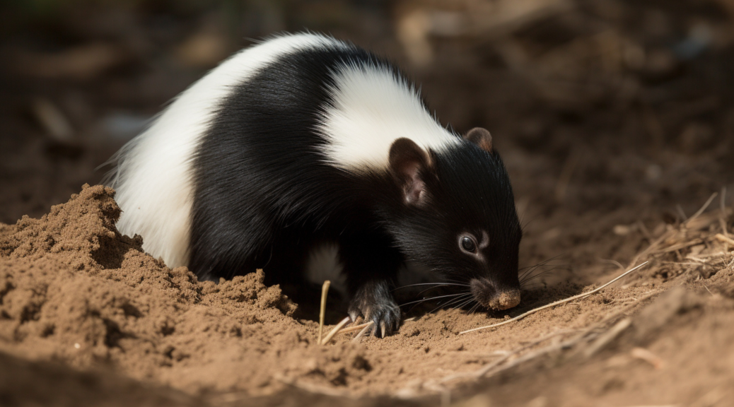 Skunk coming out of a burrow in a residential yard